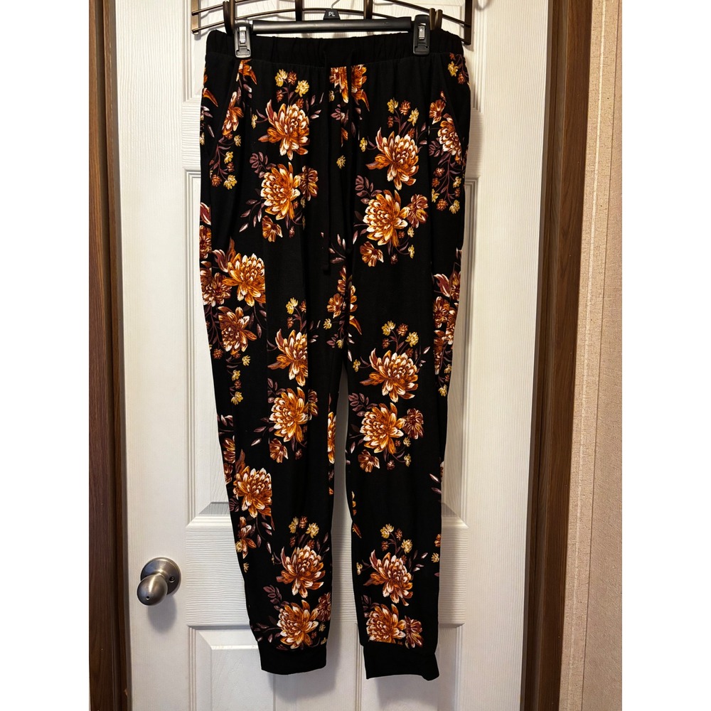 Mudd Womens Black Floral Joggers Orange Brown Chrysanthemum Pants L RN120951